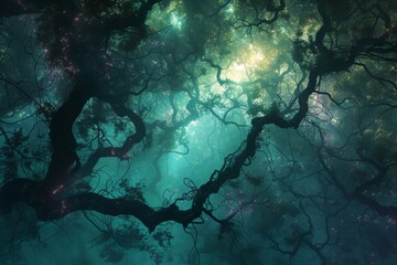 Surreal garden with electric vines intertwining beneath a canopy of glowing foliage, creating a dreamlike atmosphere in an enchanting natural setting