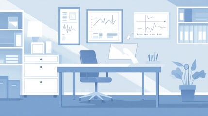 A serene workspace emphasizes health and wellness, featuring soothing colors, organized furniture, and thoughtful decor