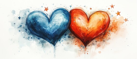 Vibrant Blue and Orange Hearts with Stars on Artistic Background