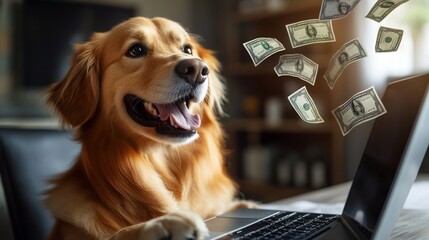 Obraz na płótnie Canvas Happy dog using laptop, money falling, home office (5)