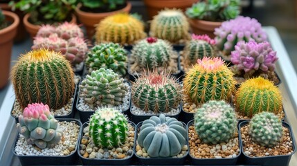 A Colorful Collection of Miniature Cacti and Succulents in Pots