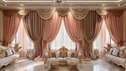 A lavish living room adorned with opulent pastel pink curtains 