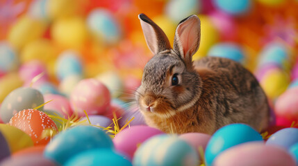 Easter egg laying bunny against vibrant backdrop