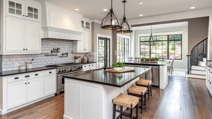 Fototapeta premium Modern kitchen island, hardwood floors, open plan, sunlit, home interior design