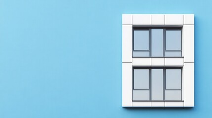 Obraz premium A modern building facade featuring a white window frame against a bright blue wall, highlighting contemporary architectural design.