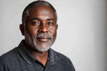 Obraz premium A close-up portrait of a mature man with a warm smile, wearing a dark polo shirt.