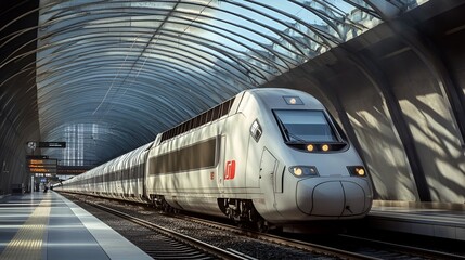 Naklejka premium High-Speed Train Rushing Through a Modern Station
