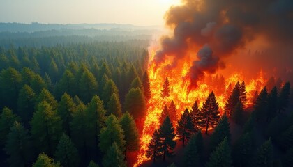 Fototapeta premium Aerial View of Wildfire Ravaging a Coniferous Forest Intense Flames and Smoke