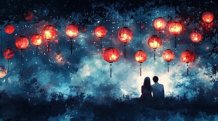 Obraz premium A romantic scene with a couple under glowing lanterns in a dreamy, colorful landscape.