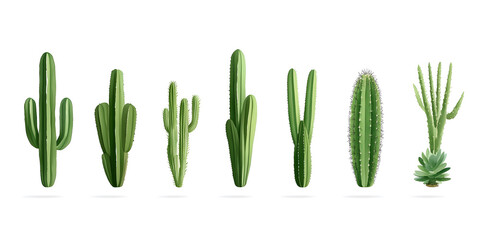 Collection of various cacti species, showcasing different shapes and sizes. Ideal for desert-themed designs and illustrations.