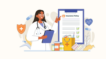 A comprehensive visual of health insurance benefits, featuring a patient, prescribed medication, and an insurance agent discussing coverage details, emphasizing safety and financial security.