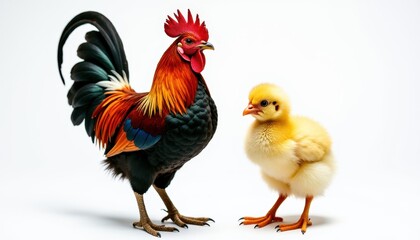 Majestic Rooster and Fluffy Chickling Vibrant Poultry Duo on White Background