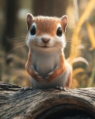 Happy squirrel on log, forest bokeh background, cute animal portrait, pet illustration