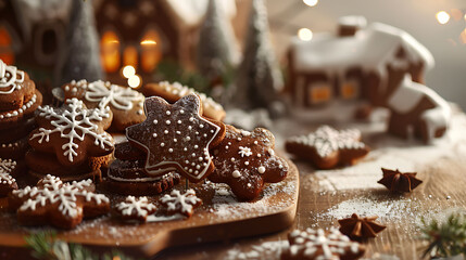 Handmade gingerbread biscuits for christmas with a christmas backdrop