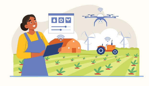 An innovative depiction of smart farming, with drones monitoring fields and an autonomous tractor working seamlessly, promoting sustainable and efficient agricultural practices.