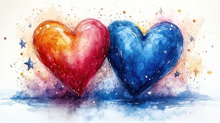 Fototapeta premium Colorful Hearts with Stars in a Whimsical Watercolor Style