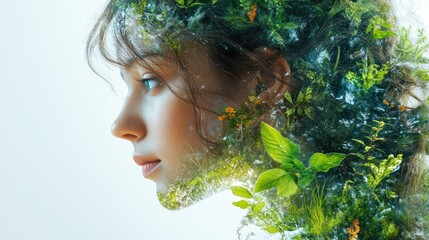 Woman, nature, profile, foliage, spring, double exposure, studio, serene, beauty, advertising