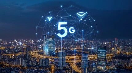 Night city 5G network connection,  data transfer, urban landscape, technological future
