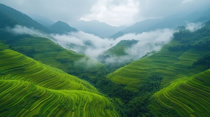 Fototapeta premium Misty mountain rice terraces aerial view, China