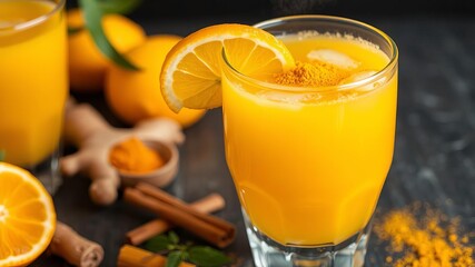 Fototapeta premium A close-up shot of turmeric powder sprinkled over a glass of freshly squeezed orange juice infused with ginger and cinnamon, creating a vibrant and healthy drink, ingredient, drink