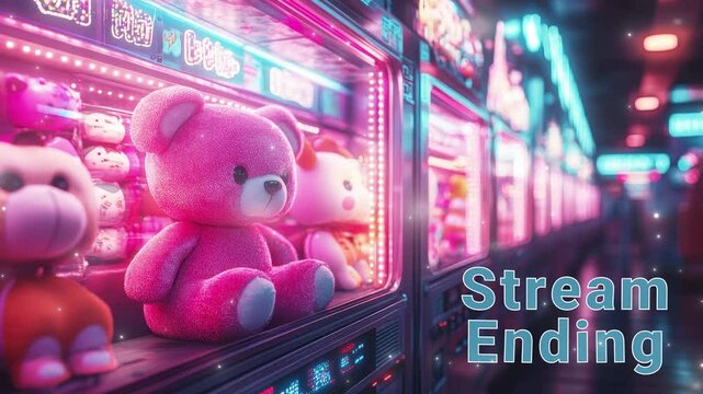 Vibrant arcade machines showcase cute plush toys. stream ending overlay seamless loop Vtuber streamer asset twitch zoom OBS screen animated wallpaper virtual background