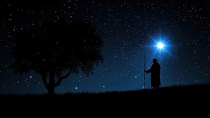 Fototapeta premium A silhouetted figure stands under a starry sky, gazing at a bright star near a tree.