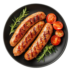 Fried sausage isolated on white background top view on plate