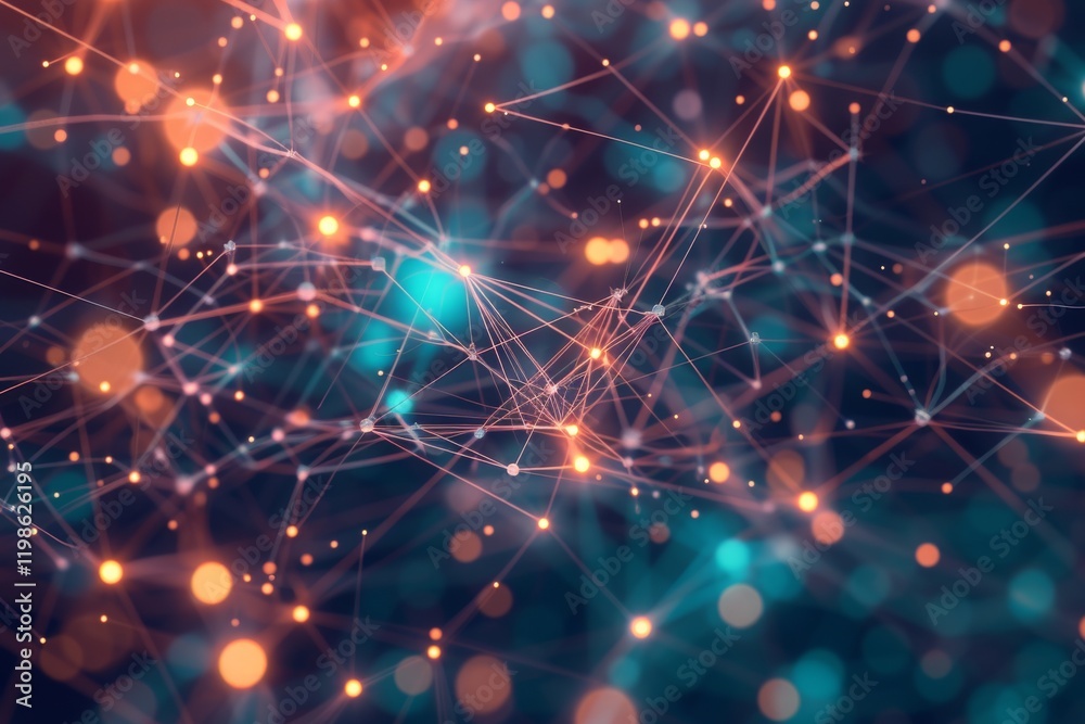 Poster abstract illustration of data flowing through a network of interconnected points and lines in a vibr
