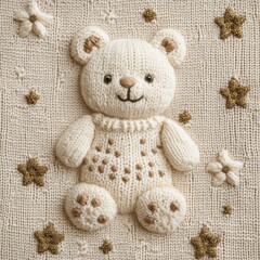 Adorable Knitted Teddy Bear with Star and Flower Appliqu?s on Cozy Sweater