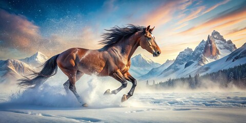 Obraz premium Majestic Bay Horse Galloping Through Snowy Mountains: Double Exposure Wallpaper
