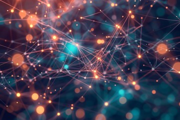 Abstract illustration of data flowing through a network of interconnected points and lines in a vibrant digital space, illustrating technology and connectivity in the modern world
