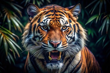 Obraz premium Majestic Bengal Tiger Roaring in the Night - Powerful Wildlife Portrait