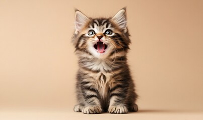 Kitten meows, studio shot, beige background, pet