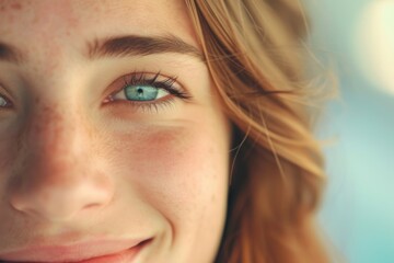 Fototapeta premium A woman with a gentle smile enjoying a sunny day outdoors, her dazzling eyes shining as sunlight filters through the trees in a tranquil natural setting