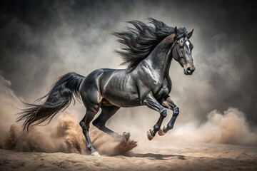 Majestic Black Stallion Galloping Across Desert Sands - Dramatic Black and White Photography