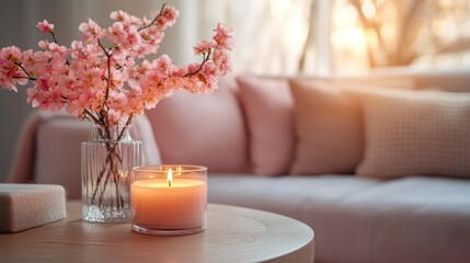 Pink blossoms, lit candle, cozy living room, sunlit window