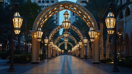 Obraz premium Illuminated archway pathway, dusk, city, festive lights, travel