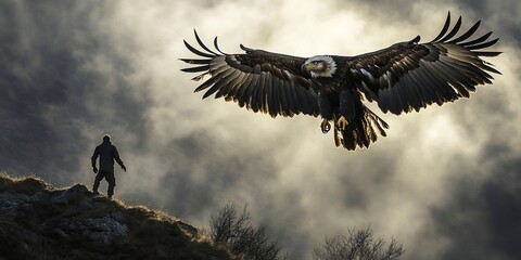 Majestic eagle descends, man on mountain peak, cloudy sky.  Freedom concept