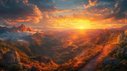 Majestic sunset over autumn mountains, winding road below, cloudscape