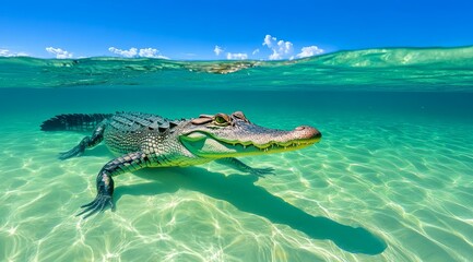 Crocodile swimming gracefully in the ocean surrounded by waves and blue sky underwater landscape