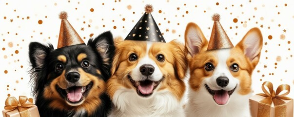 Three dogs wearing colorful party hats surrounded by presents celebrating a festive occasion together