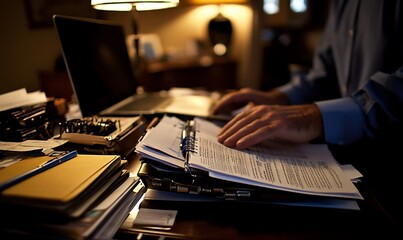 Man reviewing documents at night, home office, paperwork