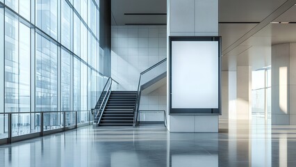 Obraz premium Modern Minimalist Interior with Illuminated Digital Signage and Glass Staircase