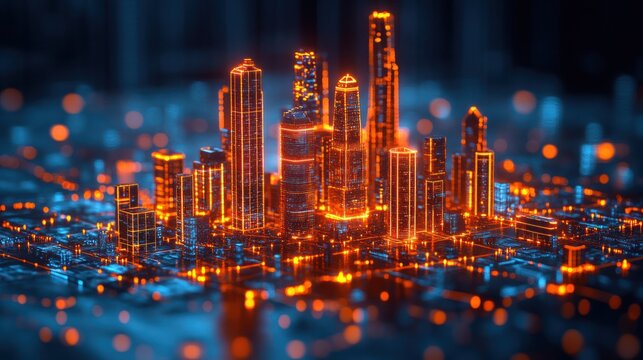 Futuristic city glowing circuit board, digital background