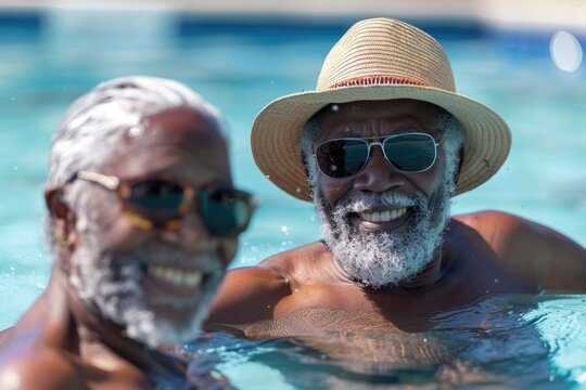 Happy African American senior couple enjoying retirement pool lifestyle.