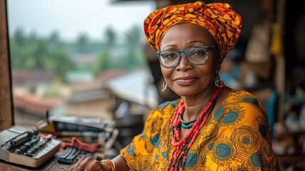 Obraz premium African woman, village office, typing, portrait, rural background