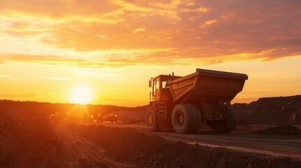Fototapeta premium Aerial view of construction site at sunrise with heavy machinery