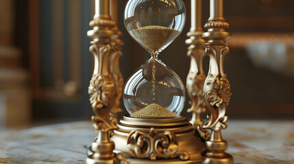 An ornate hourglass, golden sand, flowing sand, moments lost, moments gained, time passing, timeless beauty, symbolic hourglass, elegant design, flowing gracefully, intricate details, precious moments