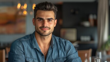 Obraz premium Portrait of a Handsome Man in a Denim Shirt