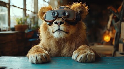 Cub wearing VR headset, rustic room, fireplace background, tech-wildlife ad